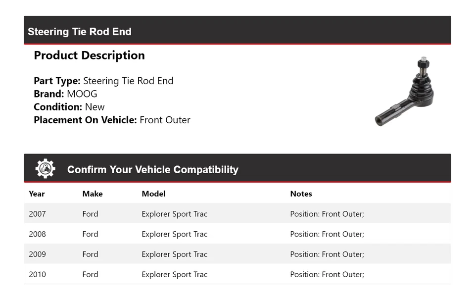 For 2007-2010 Ford Explorer Sport Trac Steering Tie Rod End Front Outer MOOG - Image 2 of 4