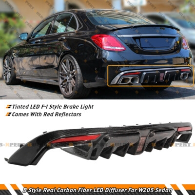 B STYLE CARBON FIBER LED REAR BUMPER DIFFUSER FOR 15-21 BENZ W205 C63 C43 SEDAN