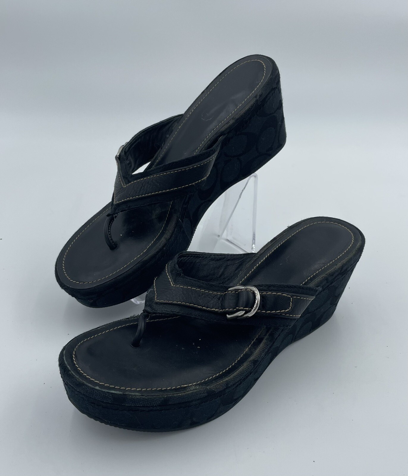 Coach Evelina Black Signature Wedge Sandals Women Siz… Gem