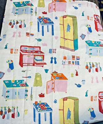 Kitschy 40`-50s Kitchen Print Oven Refrigerator Table Dishes Pots & Pans 14''x18''