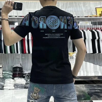 New Fashion Trend Tiger Hot Diamonds Rhinestone Summer Luxury Men Cotton T-Shirt