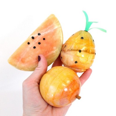 3 Pc. Set Vintage Alabaster Stone Fruit Decorations Watermelon Pineapple Peach
