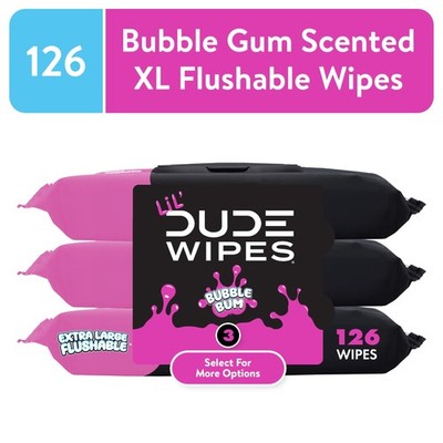 LiL' DUDE 3 Pack Wipes, Extra Large Bubble Bum, Bubble Gum, 126 Count, Flushable