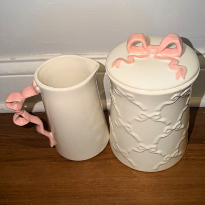 Room Essentials Stoneware 2pc Canister & Pitcher Set w/ Lid, White Pink Bow
