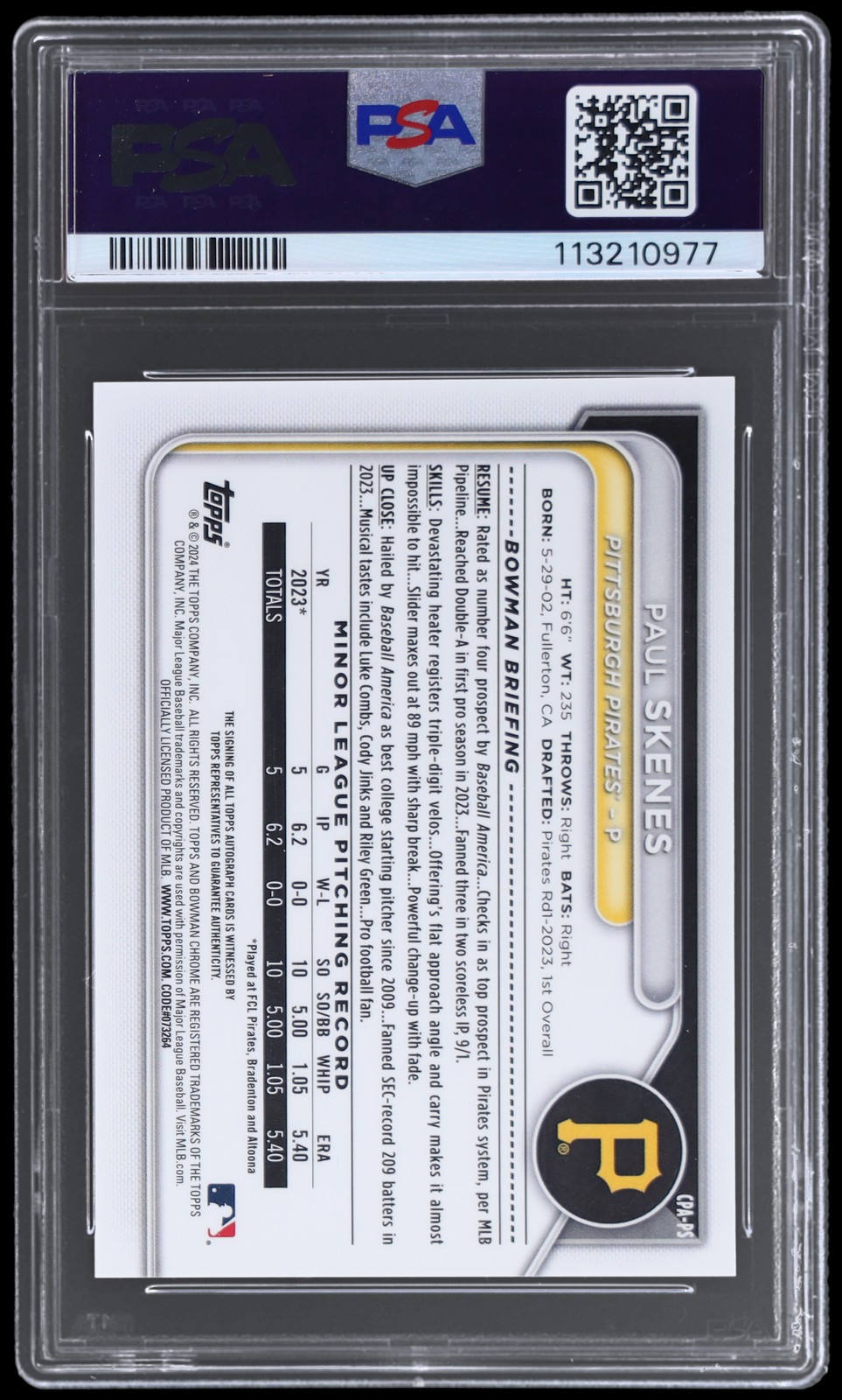 2024 Bowman Paul Skenes #CPA-PS PSA 8 RC Chrome Prospect Autograph Baseball AUTO view 2