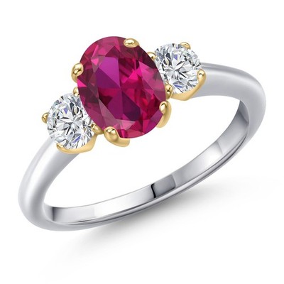 925 Silver and 10K Yellow Gold Created Ruby and Lab Grown Diamond Engagement