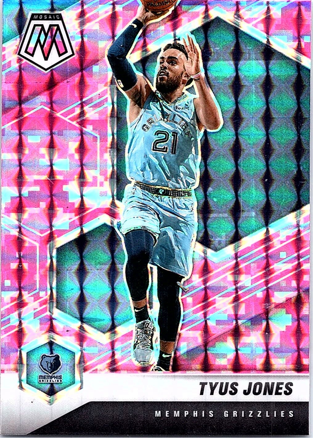 2020-21 Panini Mosaic #72 Tyus Jones Mosaic Camo Pink