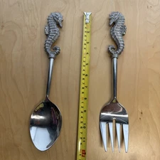 12" Oversize Seahorse Serving Fork & Spoon Set Beach House Salad Server Set