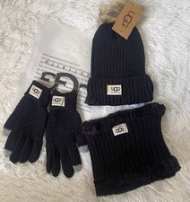 3 PCs SET Knit Winter Beanie, Glove, Neck Warmer Scarf Ugg