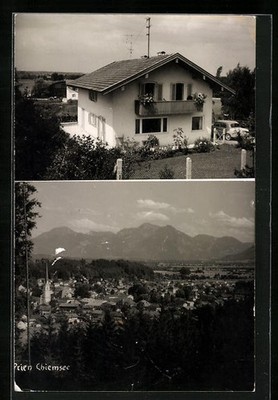 Prien /Chiemsee, Haus mit Balkon, Gesamtansicht mit Bergen, Ansichtskarte 