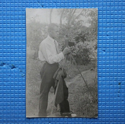 1930s 40s Man Photographer with Folding Camera on Tripod Vintage Photo Duel