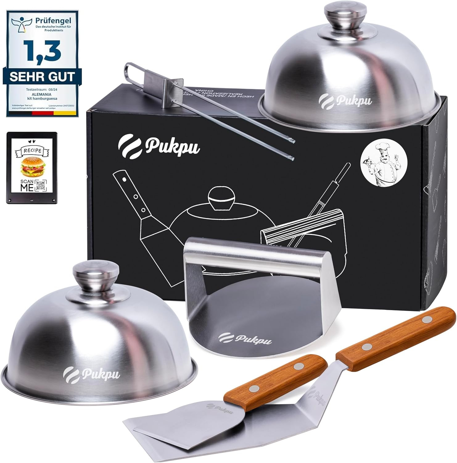 Kit Smash Burger 6 Pezzi - Pressa, Spatole e Cupole Acciaio Inox