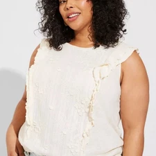 NWT Torrid Cotton Slub Woven Embroidery Front Crew Neck Ruffle Sleeve Top 3X