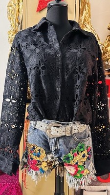 Damenbluse grobe Häkelspitze Lochspitze Boho Ibiza Spitze Blusenblazer Schwarz