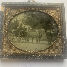 Antique Victorian c1900 Old Photo Carriage,horses,children signpost, framed 