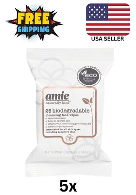 ( Lot Of 5 ) AMIE CLEANSING BIODEGRADABLE WIPES, 125 TOTAL For All Skin Types