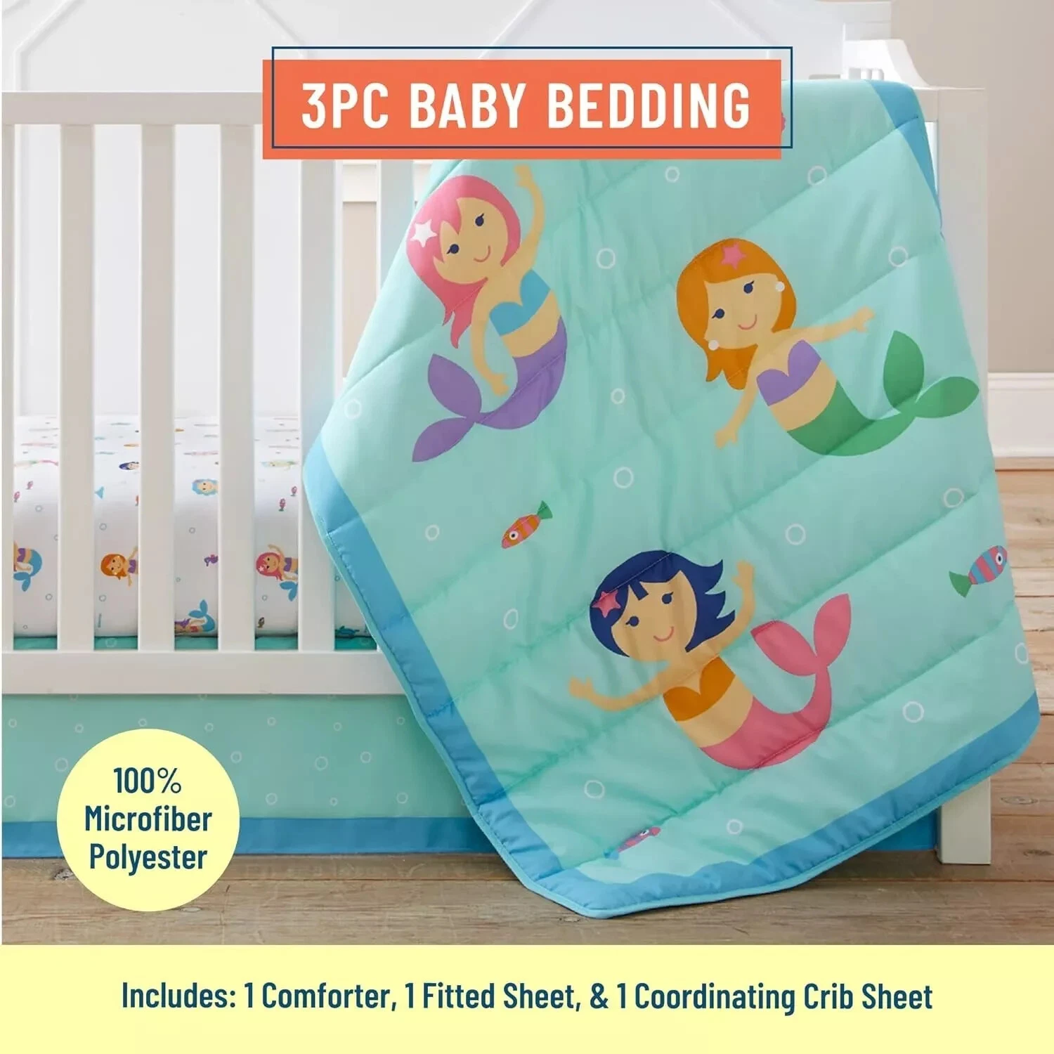 Mermaids Microfiber 3Pc Bed In a Bag Crib Toddler Comforter Sheet Skirt Wildkin