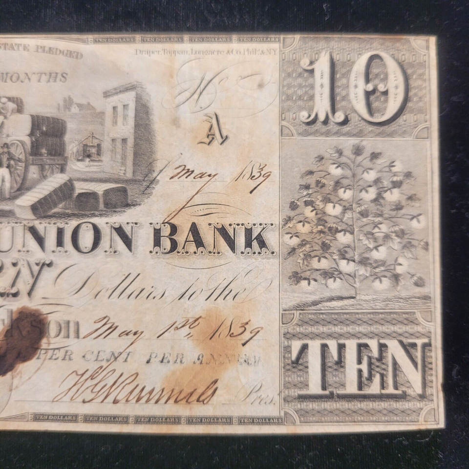 1839 10 Mississippi Union Bank, Jackson, MS Obsolete Currency Bank