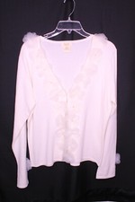 PECK PECK IVORY SHEER FLOWER V-NECK LONG SLEEVE CARDIGAN SWEATER SZ XL U41