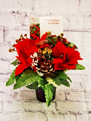 Weihnachten Kunst/Seidenblume Grabtopf Arrangement. Mit einer Erinnerungskarte
