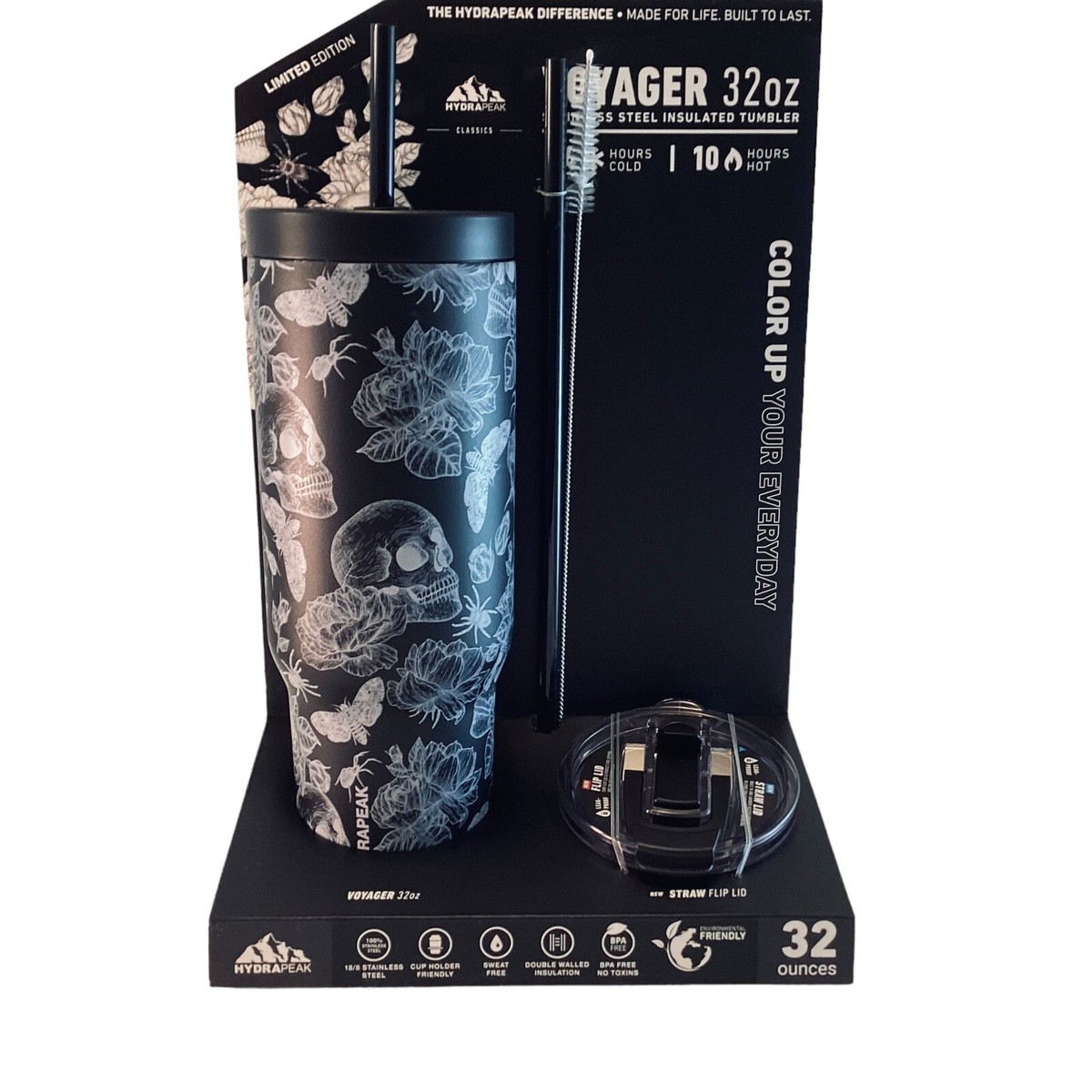 HydraPeak Water Bottle Tumbler Voyager 32oz Stainless Steel SKULLS