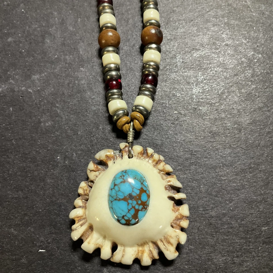 Collar turquesa vintage con cuerno de ciervo con cuentas de hueso joyería #121197 Foto 4 de 4