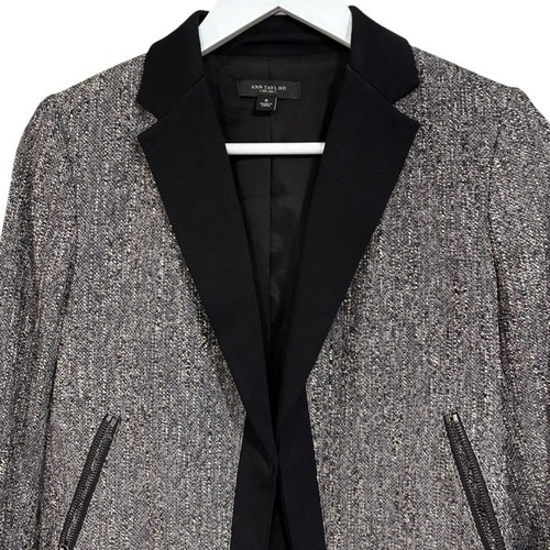 Ann Taylor Cropped Black White Heathered Tweed Open Blazer Jacket Women's Size 6 - Picture 2 of 12