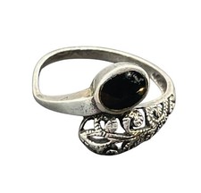 Vintage Sterling Silver Black Onyx Oval Floral Ring Size 7