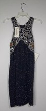 Vintage 1980s Laurence Kazar Blue Gold Beaded Silk Sheath Dress Cocktail NWT