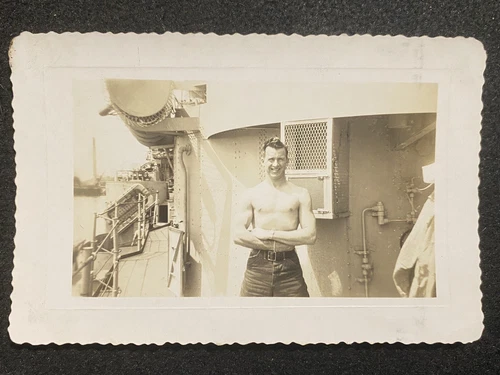 WW2 Navy Sailor Shirtless Man On Military Ship Boat Gay Interest Snapshot Photo