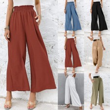 Women Elastic Waist Wide Leg Long Pants Ladies Loose Casual Palazzo Trousers US