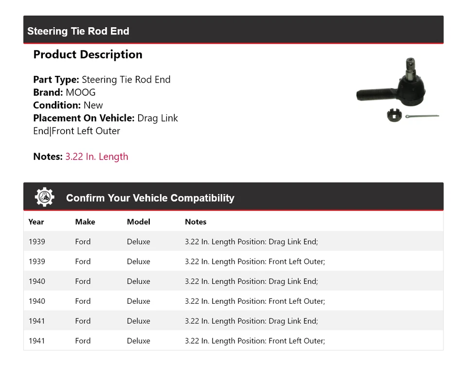Para Ford Deluxe 1939-1941 extremo de barra de dirección MOOG 1939 1940 1941 Foto 2 de 4