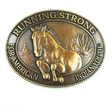Vintage 1996 Horse Belt Buckle Brass Metal American Indian Youth Billy Mills