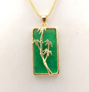 Authentic Green Genuine Jade Rectangle 18KGP Rise Fortune Luck Bamboo Pendant Necklace