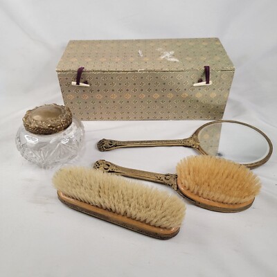 Vtg Victorian Style Metal Vanity Set 2 Brushes Hand Mirror Glass Jar w/Lid Box
