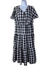 Croft & Barrow Black White Gingham Tiered Midi Dress Short Sleeves XL Seersucker