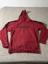 Adidas Hoodie Mens Large Red 3-Stripes Fleece Pullover Logo Sweatshirt Athletic