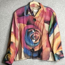 Caroline Rose Linen Jacket Floral Metal Buttons Colorful Artsy Coat USA made M
