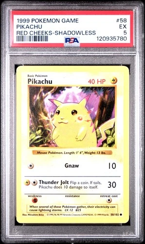 1999 Pokemon Game Base Set PIKACHU Red Cheeks Shadowless Card #58 PSA 5 EX Rare!