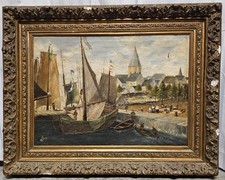 Antik Ölgemälde Messe am niederländischen Fischersteg signiert Pilarski 19 JH