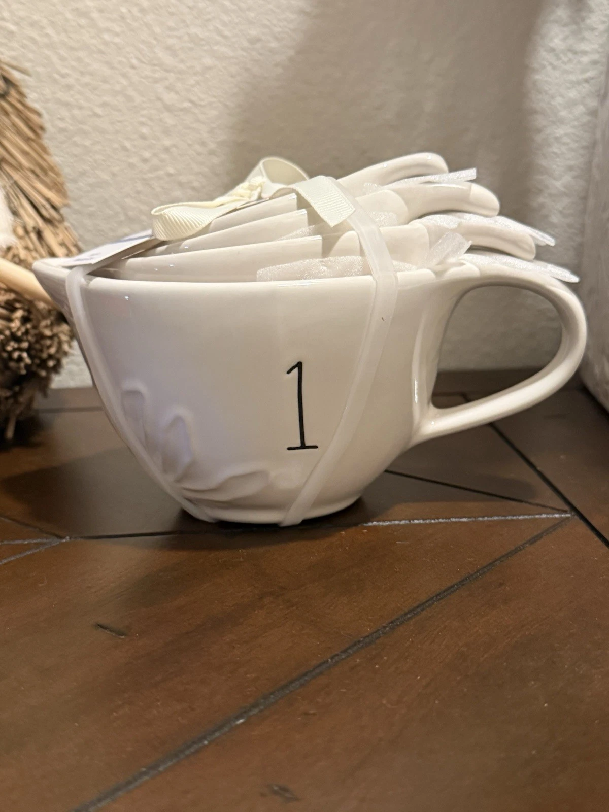 Rae Dunn White Ceramic Nesting Measuring Cup Set 4pc- With 3D Floral pattern-NWT