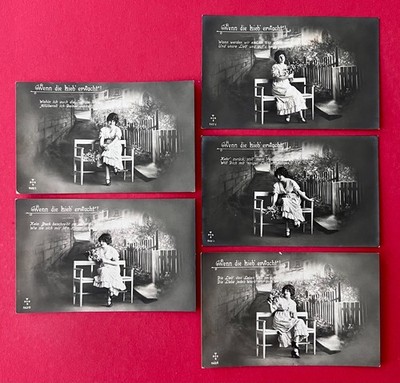 5 x Photo Postcard 1917 When Love Awakens Woman on a Bench Fashion (179521