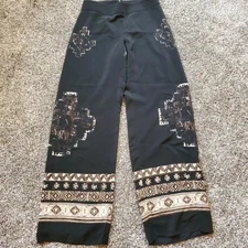 Worth New York Womens X0 USA Print Silk Pants Black, Wide Boho Ethnic Border