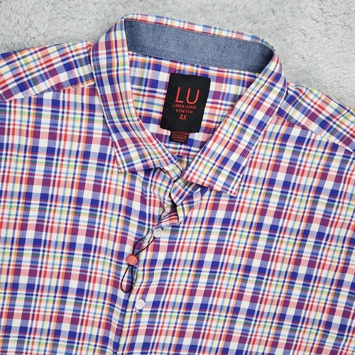 Linea Uomo Mens Short Sleeve Button Up Shirt Sz 4X Purple Red White Plaid EUC - Picture 3 of 11