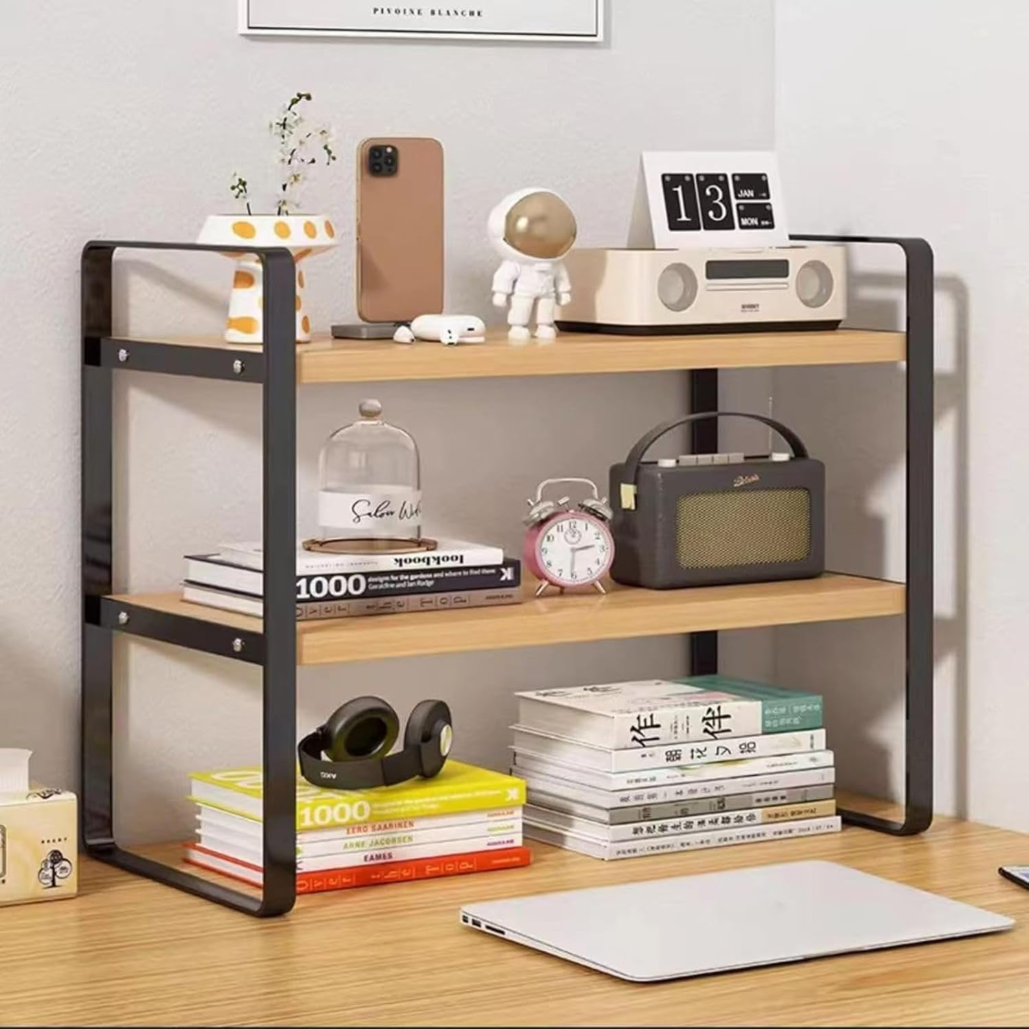 Wooden Desk Shelf, 2-Tier Desktop Bookshelf Desk Organiser Shelf, 38X20X36Cm Des