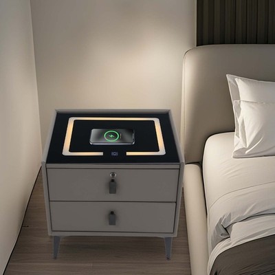 Dark Grey 2-Drawer Nightstand Fingerprint Lock Qi Charging Bluetooth Speaker