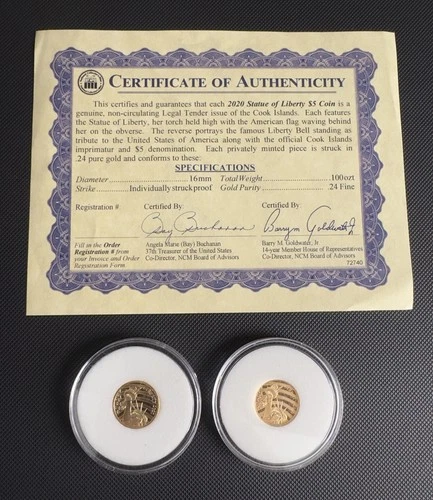 GOLD COIN (2) 2020 Cook Islands Liberty $5 1/10 oz .24 Fine Gold w/ COA AS-IS