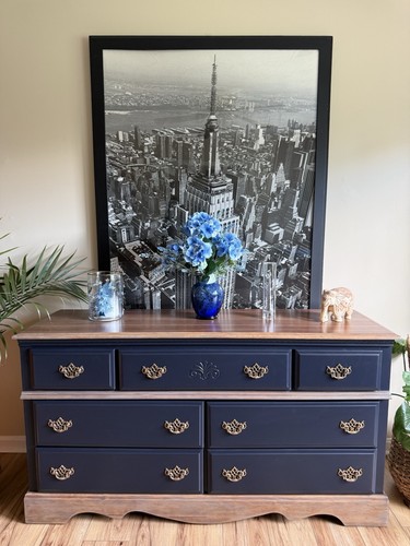 Refinished Black 7-Drawer Freestanding Dresser, Wood Top stained.