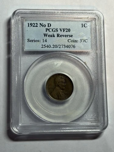 1922 No D Weak Reverse Lincoln Wheat Cent PCGS VF20 Nice Original Key Variety