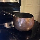 Vintage Brass Sauce Pan Pot Black Handle Mid Century Kitchenware Hand Hammered — photo 2